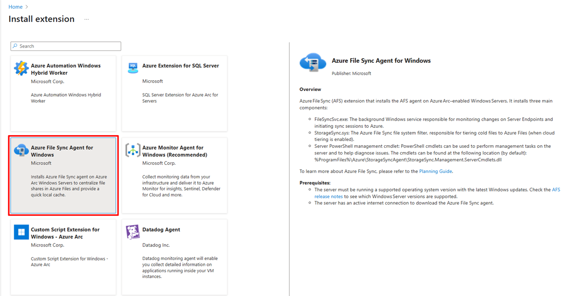 Screenshot showing how to install the Azure File Sync agent extension for Windows