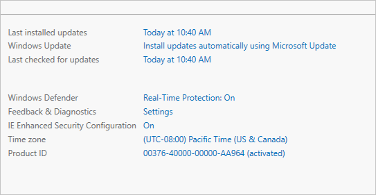 Screenshot of the server properties in Server Manager.