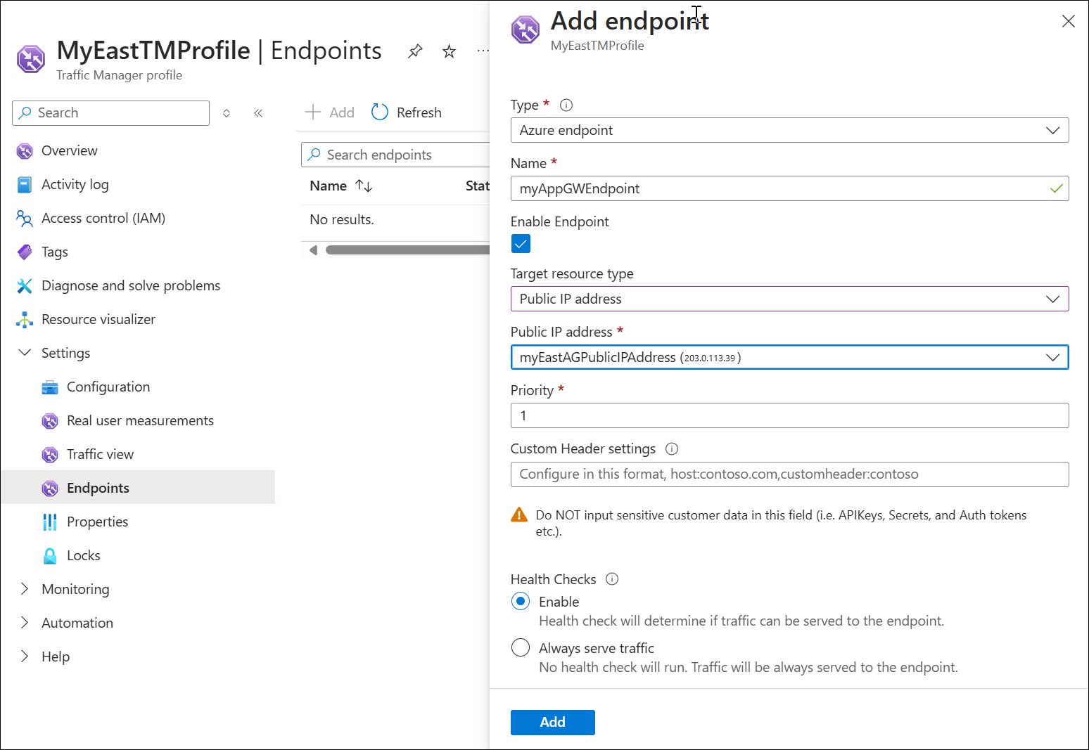 A screenshot of adding an endpoint to the traffic manager profile.