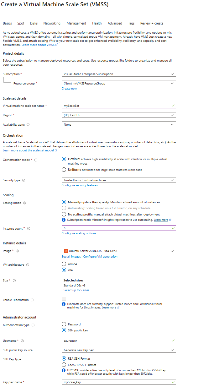 A screenshot of the Basics tab in the Azure portal during the Virtual Machine Scale Set creation process.