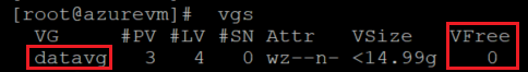 Screenshot showing the code that checks the current volume group information with the command and the result highlighted.