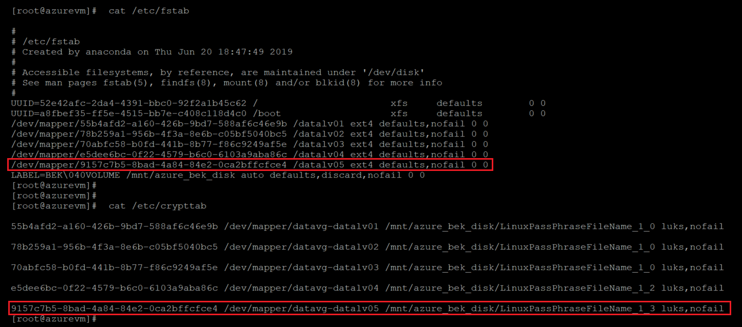 Screenshot showing the code that deletes the new logical volume with the deleted F S tab and crypt tab highlighted.