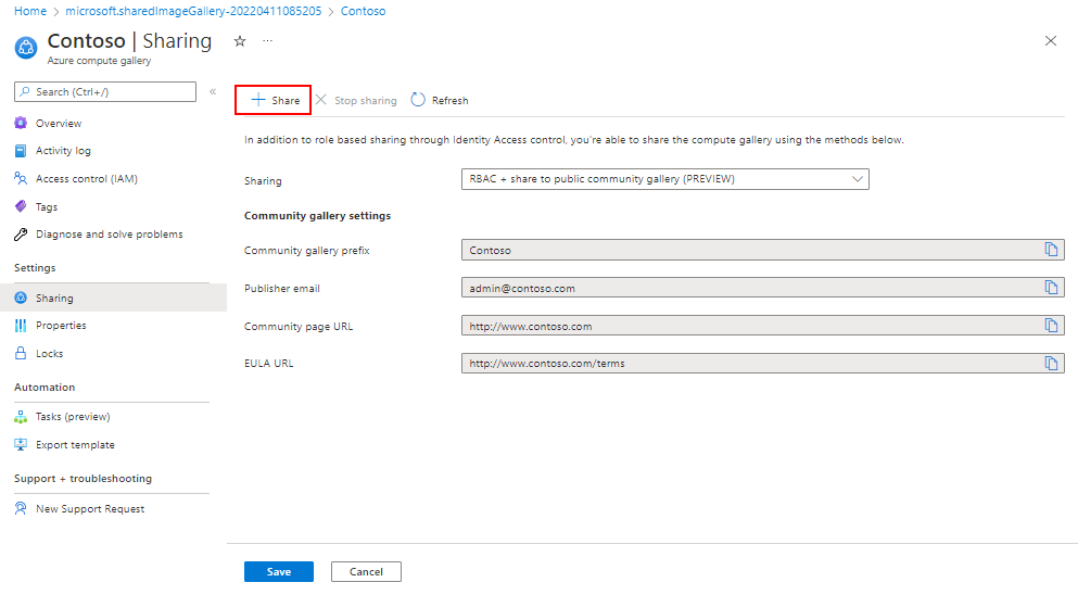 Screenshot that shows the Share button for sharing a gallery with the community.