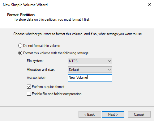 Screenshot of specifying partition formatting in the New Simple Volume Wizard.