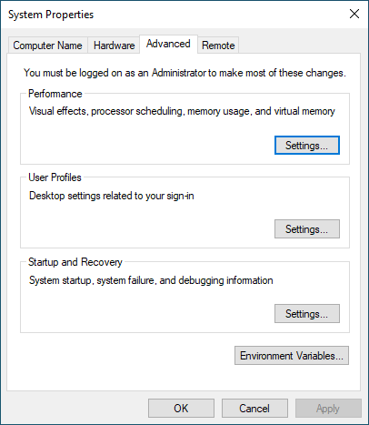 Screenshot of the button for performance settings on the Advanced tab of system properties.