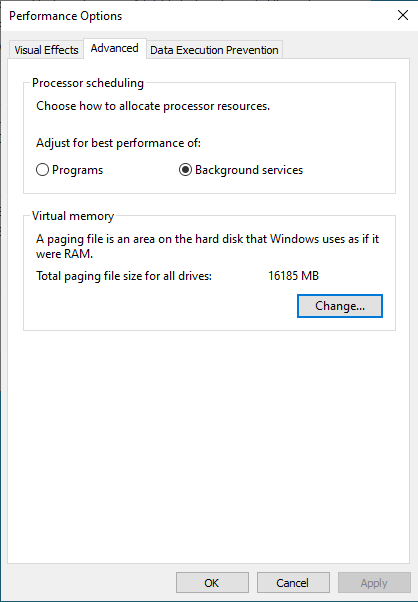 Screenshot of the Advanced tab of the performance options.