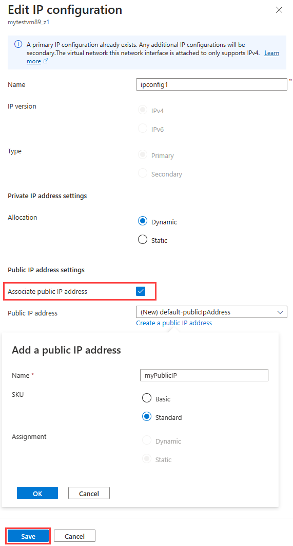 Screenshot of how to select, create, and associate a new public IP address.