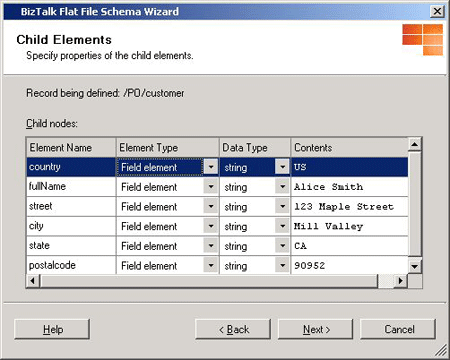 FlatFileSchemaWizard_ChildElements2 Image that shows the Child Elements screen.