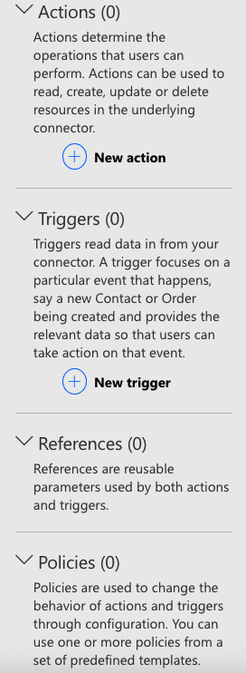 Screenshot of the actions, triggers, references, and policies that can be defined in your connector.