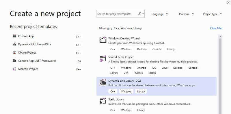 Screenshot of the Create a new project dialog box with the dynamic-link library template highlighted.