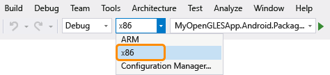 Set the Solution Platform to x86 Screenshot of the Solution Platform dropdown with x86 highlighted.