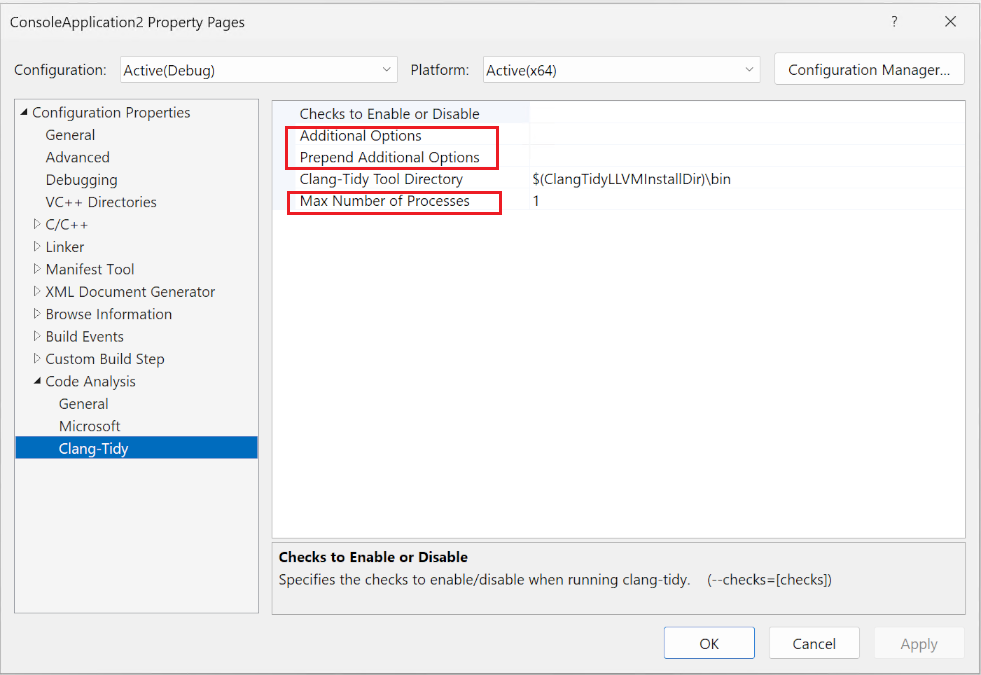 Screenshot of Project Properties dialog showing clang-tidy configuration options including processor allocation and custom command line arguments