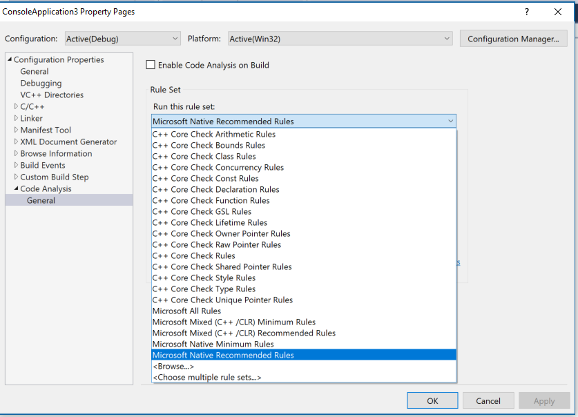 CppCoreCheck properties page Screenshot of the Property Pages dialog box showing Configuration Properties > Code Analysis > General selected and a number of Core Checks listed in the Run this rule set section.