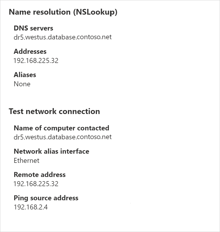Screenshot of the Name resolution panel with values for DNS servers, Addresses, Aliases, Name of computer contacted, Network alias interface, Remote address, and Ping source address.