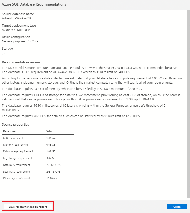 Screenshot that shows SKU recommendation details.