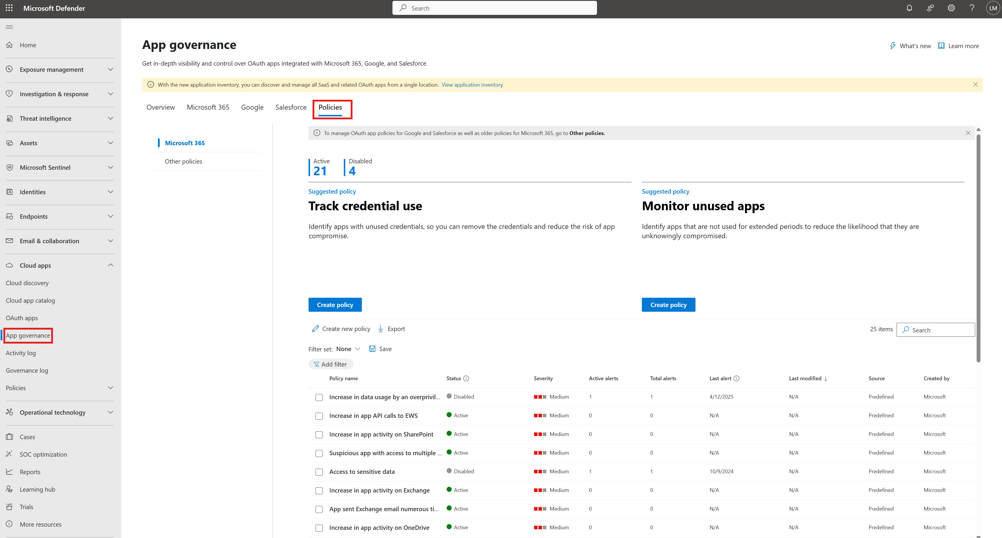 Screenshot of the Microsoft 365 tab.