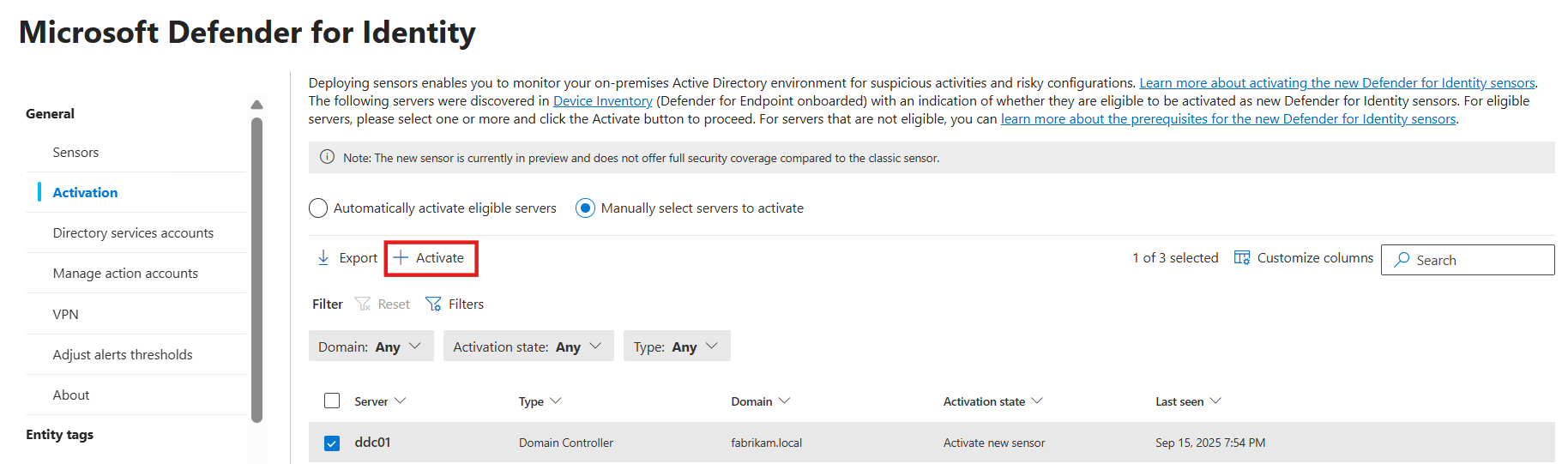 Screenshot that shows how to activate an new server.