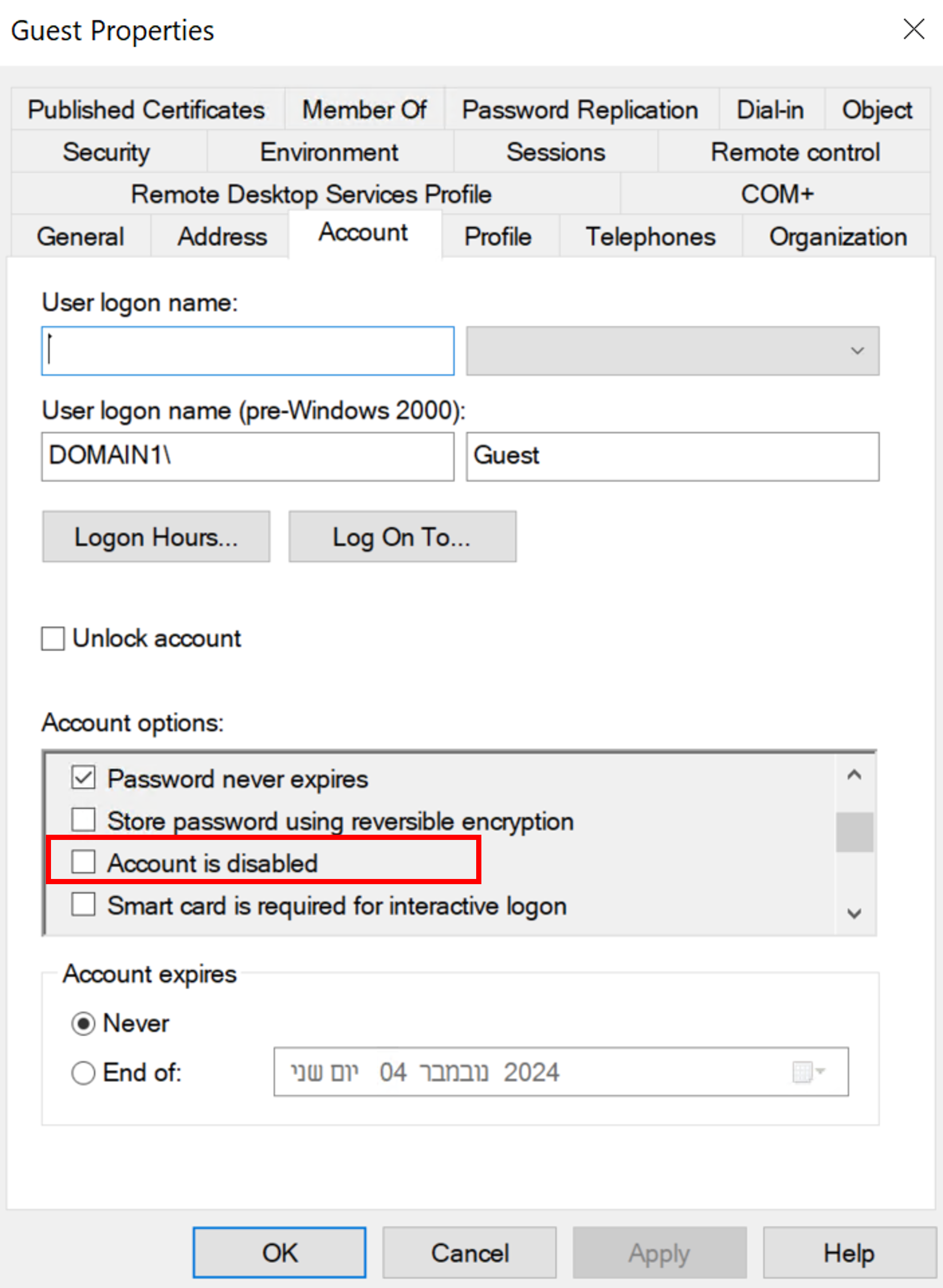 Screenshot that shows guest properties.