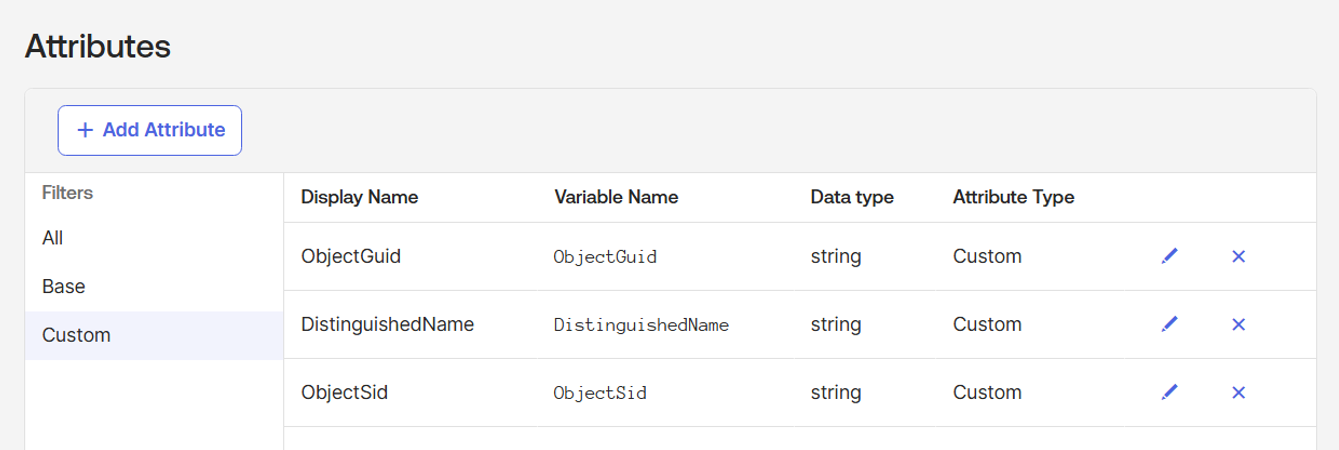 Screenshot of the Okta Attributes page. Three attributes are shown: ObjectGuid, DistinguishedName, and ObjectSid.