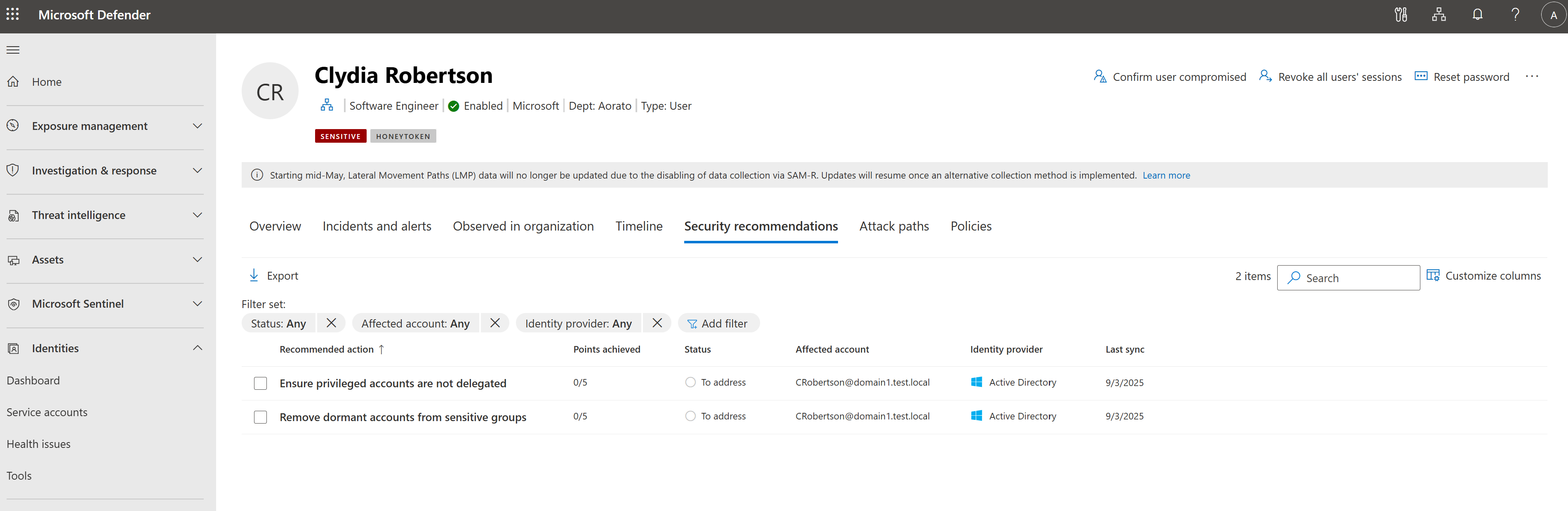 Screenshot of the Security recommendations tab on the Identity page in Microsoft Defender.