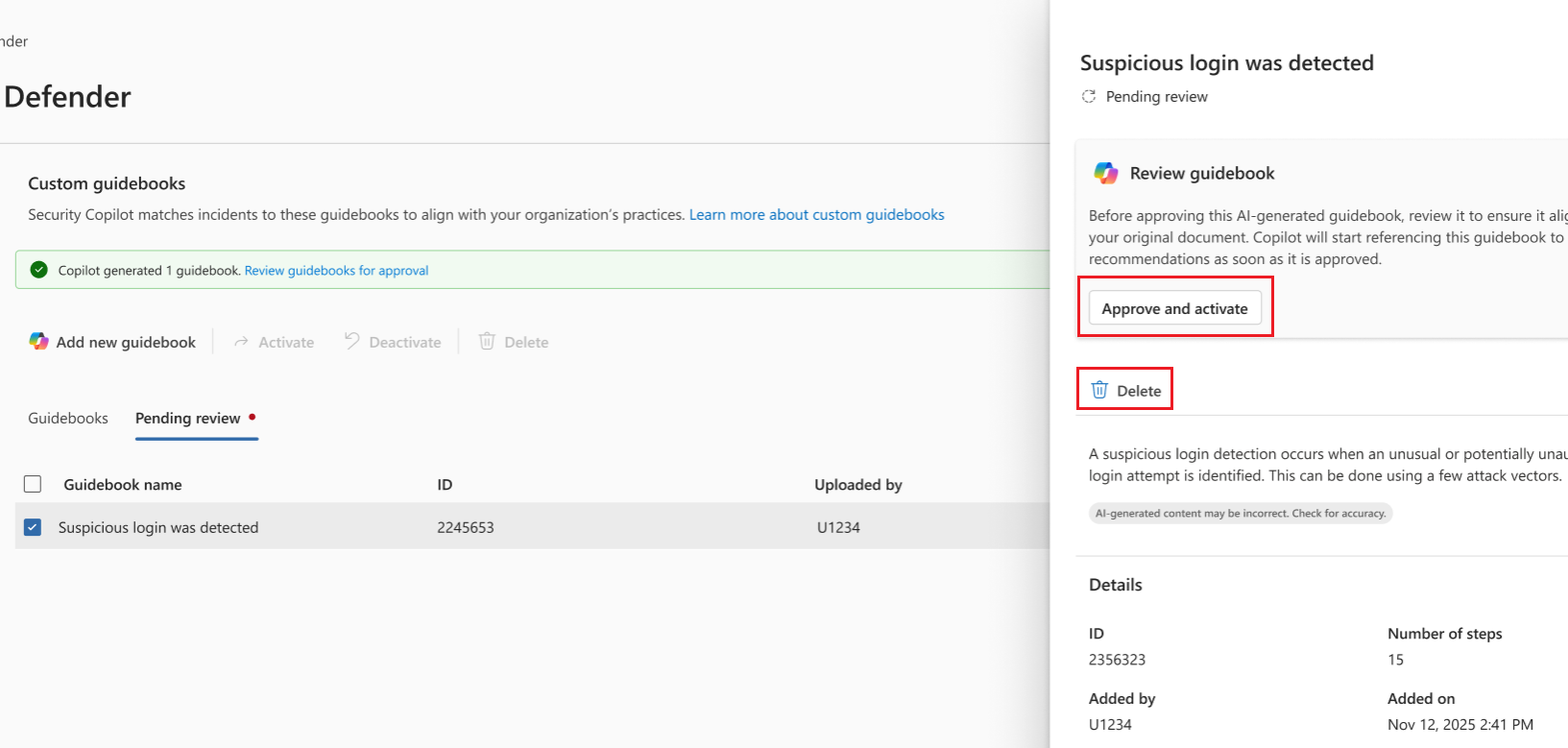 Screenshot of the approve and activate button for uploaded guidebooks.