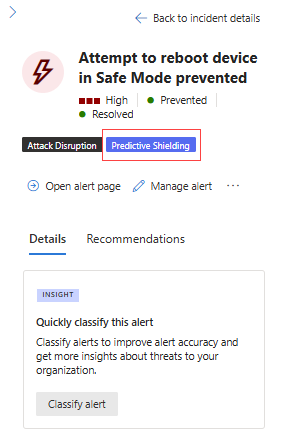 Screenshot of the alert details with the Predictive Shielding label.