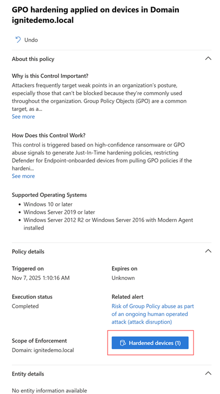 Screenshot of the activity details pane showing the number of devices hardened by a predictive shielding action.