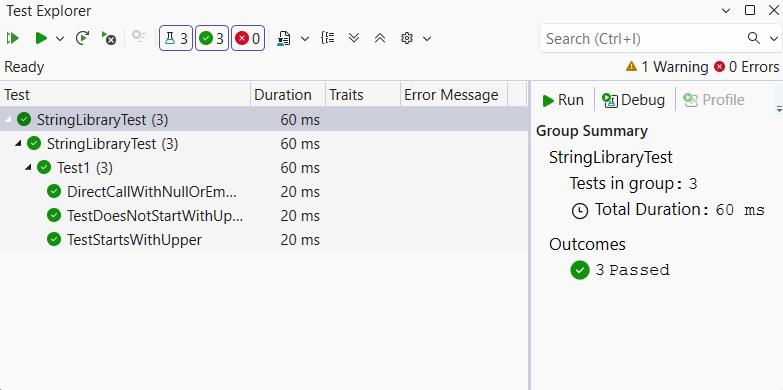 Test Explorer window with passing tests
