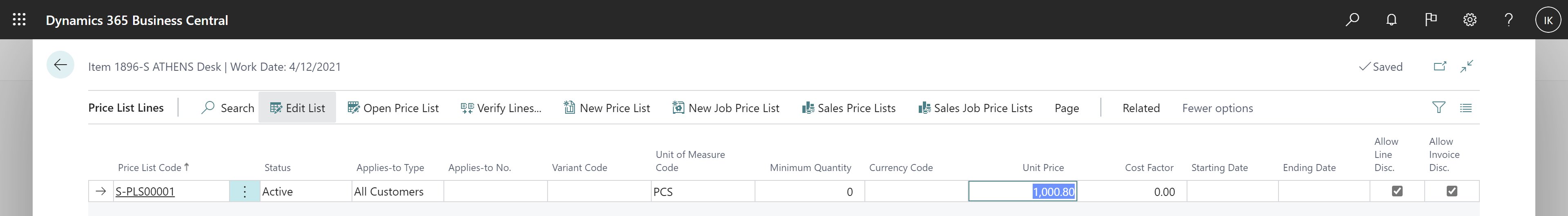 Shows editable price column in active price list line for item Shows editable price column in active price list line for item