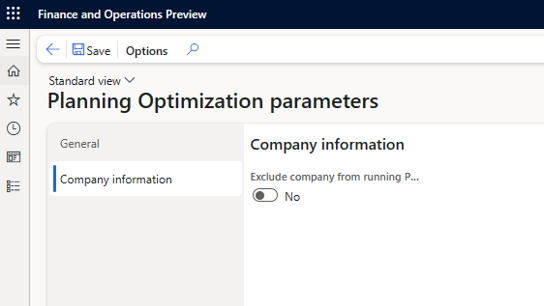 Screenshot showing option to exclude company from running Planning Optimization parameter Screenshot showing option to exclude company from running Planning Optimization parameter