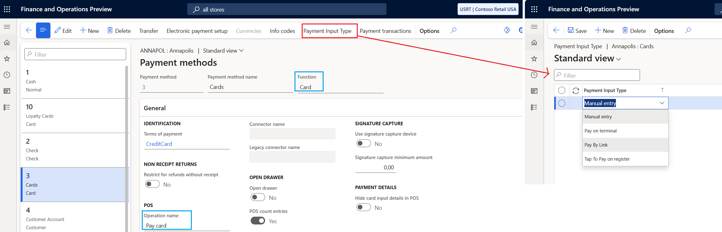 Screenshot that shows the payment input type options on the Payment Input Type page opened from a selected payment method in Commerce headquarters.