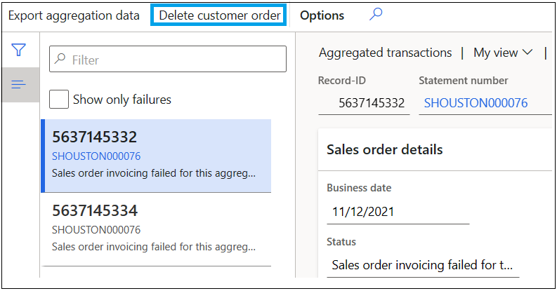 Screenshot of the Delete customer order button in the aggregated transactions view.