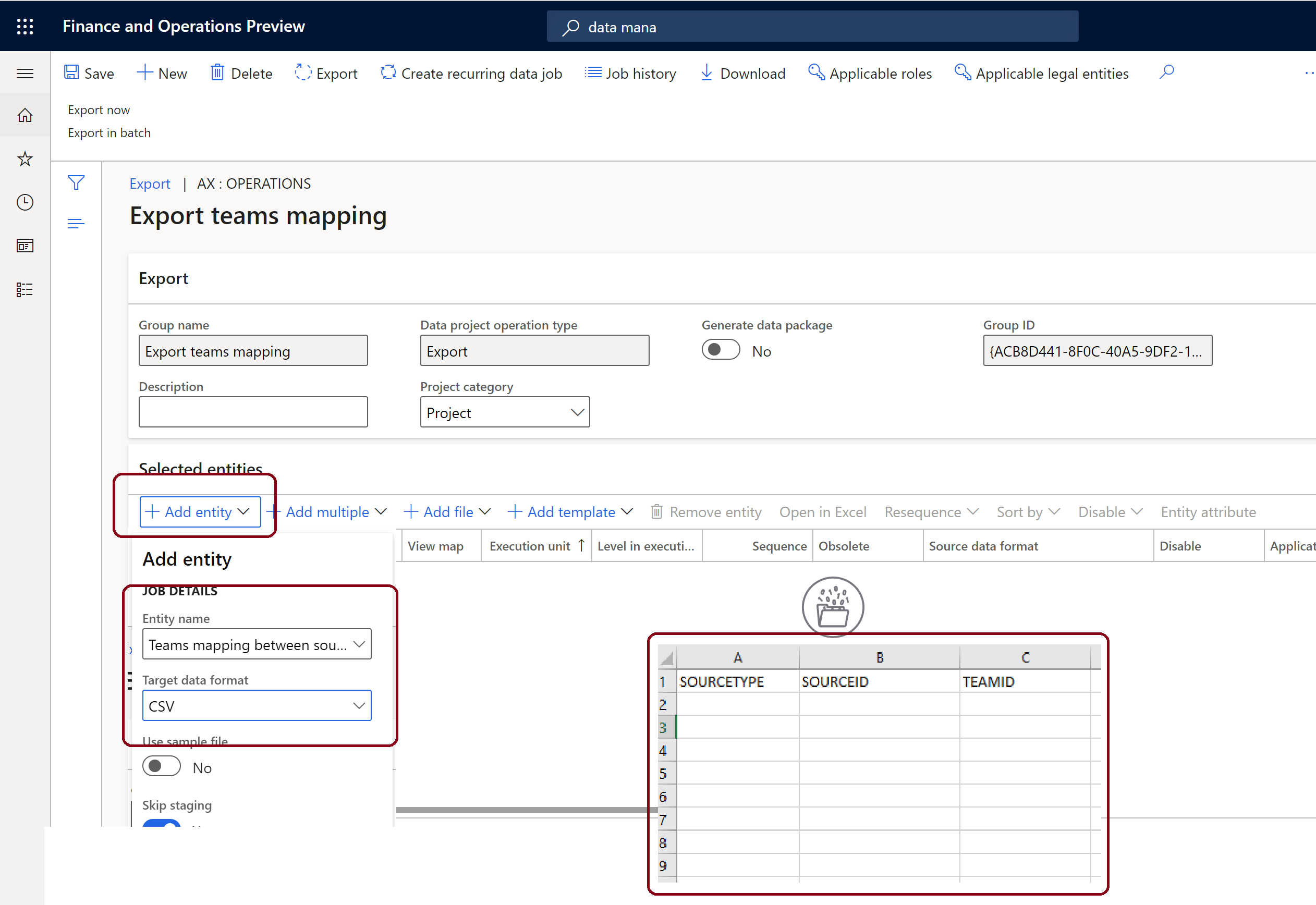 Screenshot of the Export teams mapping group in Commerce with add entity elements and the exported CSV file headers highlighted.