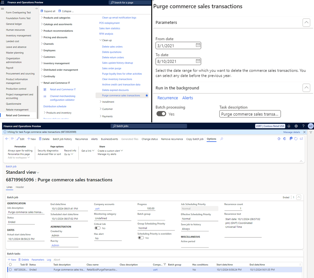 Screenshot that shows the Purge commerce transactions dialog box, the navigation to it, and the details of the purge batch job.