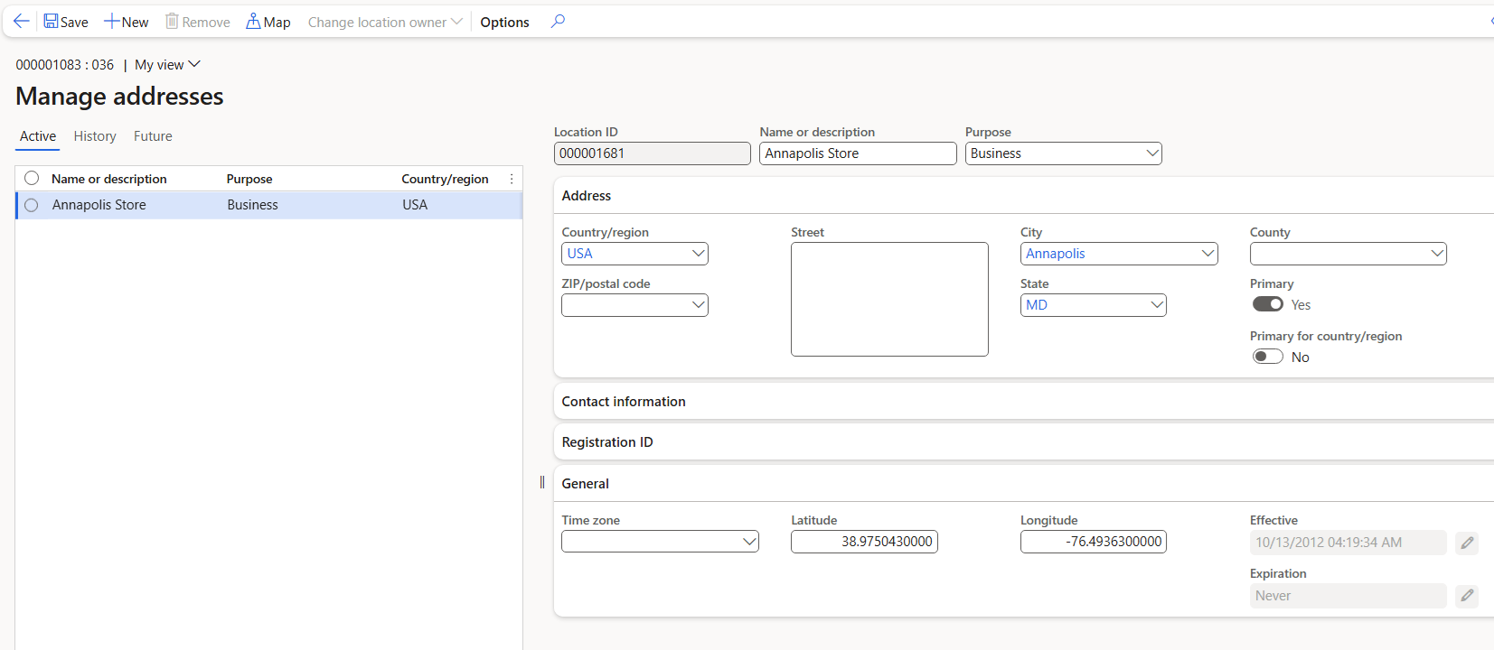 Example of latitude and longitude setup for a store in headquarters.