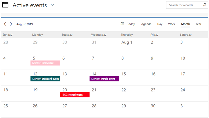 A calendar with several custom-colored events A calendar with several custom-colored events.