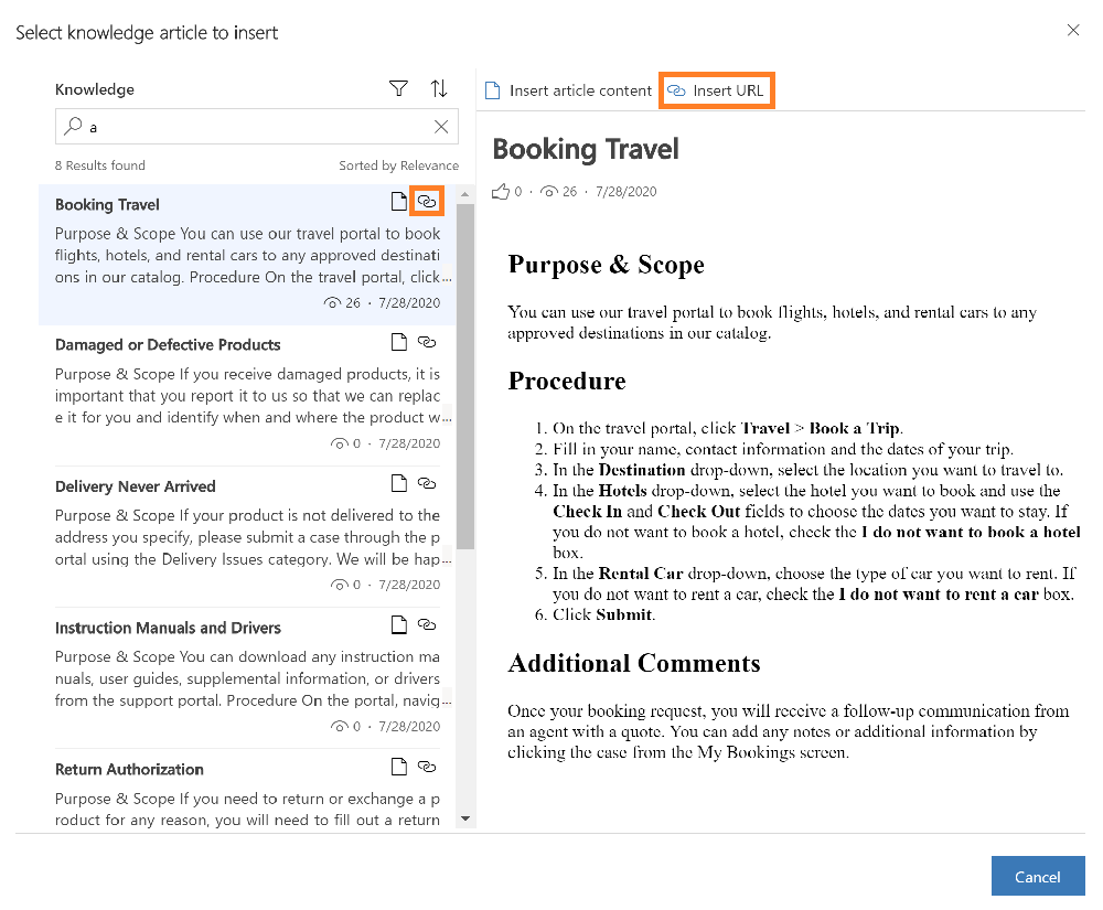 Insert a link to an article into an emaill by selecting either the Insert URL icon from the search results or Insert URL at the top of the preview pane Insert a link to the content into email.