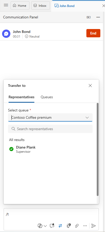 Screenshot of selecting a representative to transfer the conversation.