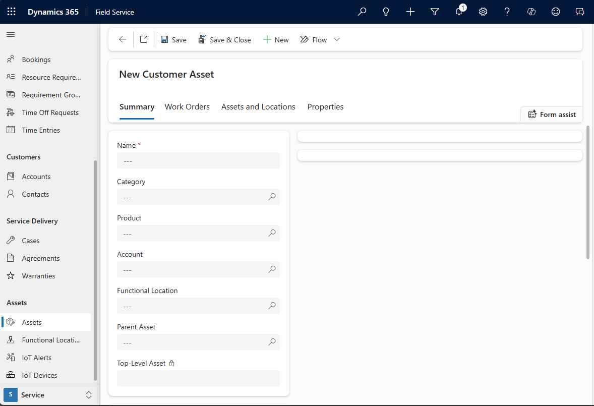 Screenshot of the New Customer Asset form.