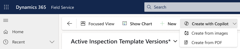 Screenshot of the Create with Copilot option for Field Service inspections.