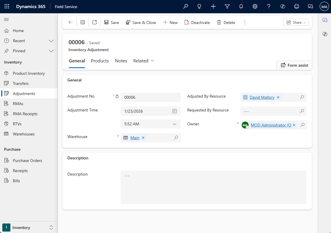 Screenshot of an inventory adjustment.