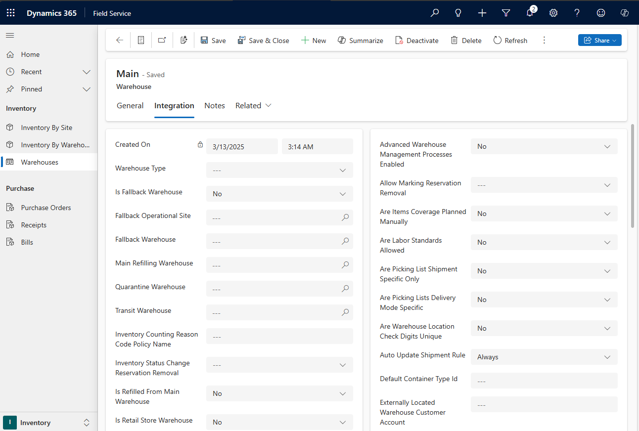 Screenshot of a warehouse, showing the integration section.