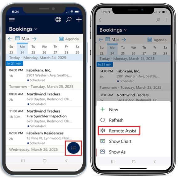 Screenshot of four mobile devices showing the Field Service mobile app, and the workflow that brings up the Dynamics 365 Remote Assist launch option.