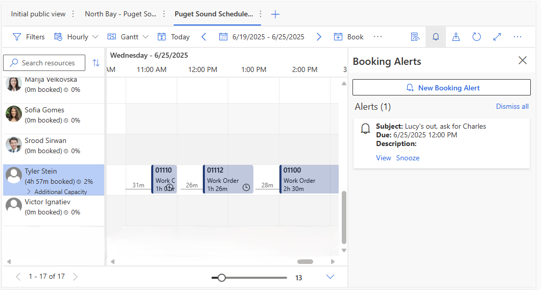 Screenshot showing the Booking Alerts pane on the schedule board.