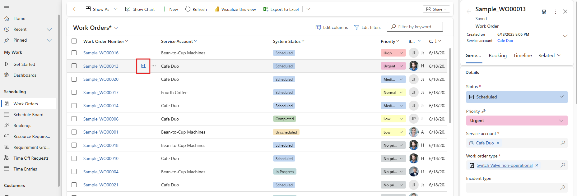 Screenshot of the new Work Orders view, with the side pane icon highlighted in the item list and the side pane open.