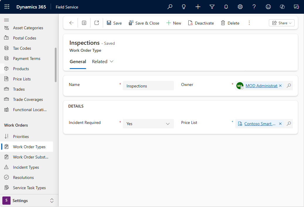 Screenshot of a new Work Order Type in Field Service.