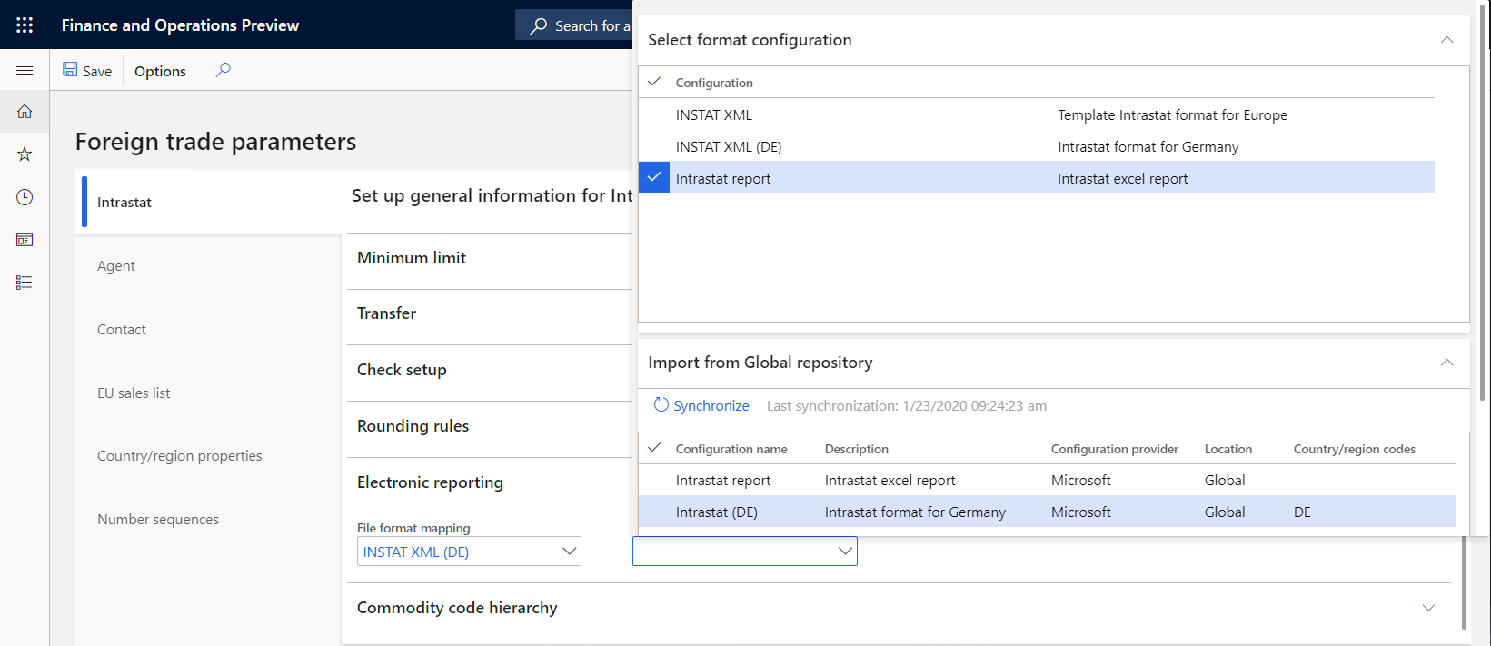 Foreign trade parameters page, Import from Global repository FastTab.