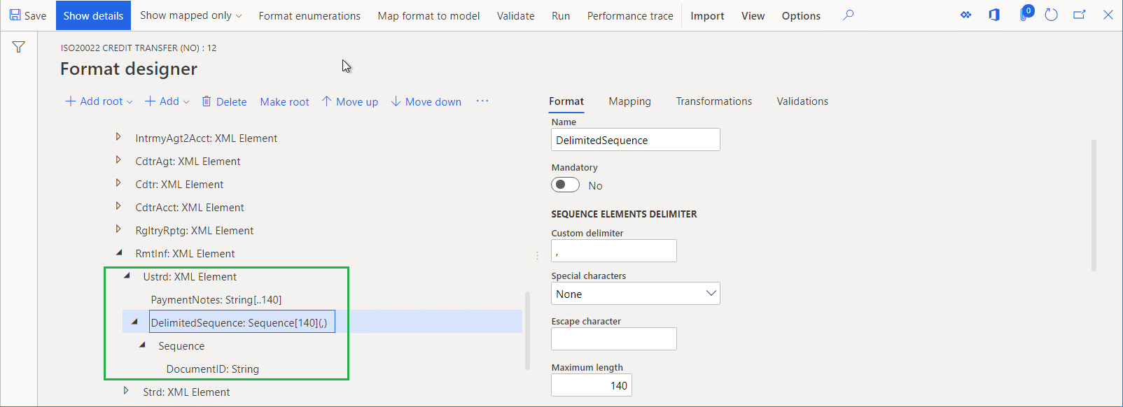PaymentNotes and DelimitedSequence components.
