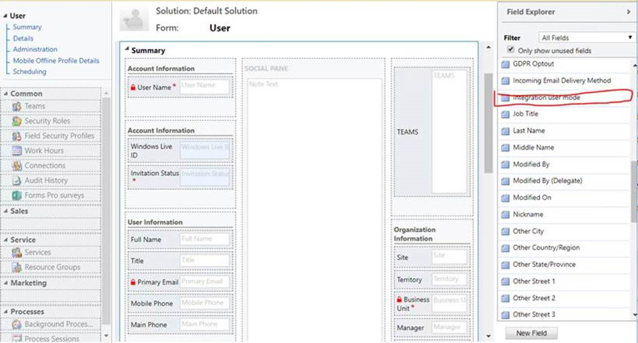 Screenshot of adding the Integration user mode column to the form.