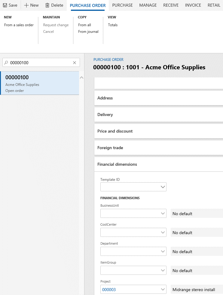 Default dimension modified on a document line (purchase order line) Default dimension modified on a document line (purchase order line).